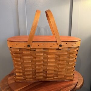 Vintage Woven Wood Picnic Basket Double Handle Hinged Lid Cottagecore Large